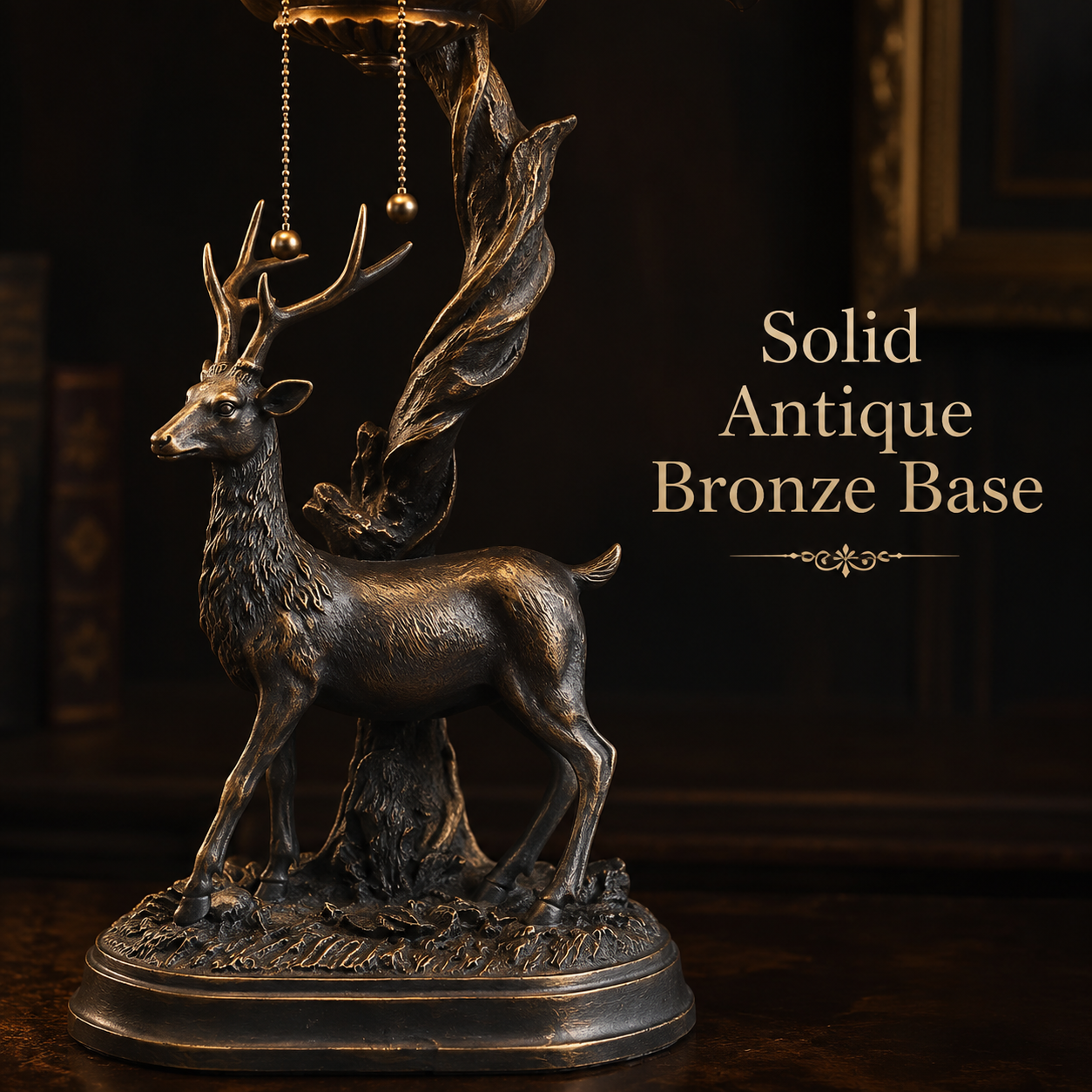 Antique bronze deer sculpture base detail of a vintage Tiffany table lamp with handcrafted artistic design