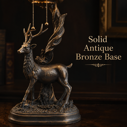 Antique bronze deer sculpture base detail of a vintage Tiffany table lamp with handcrafted artistic design