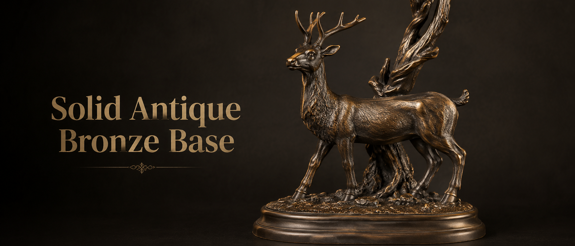 Antique bronze deer sculpture base with detailed craftsmanship on a vintage decorative Tiffany table lamp