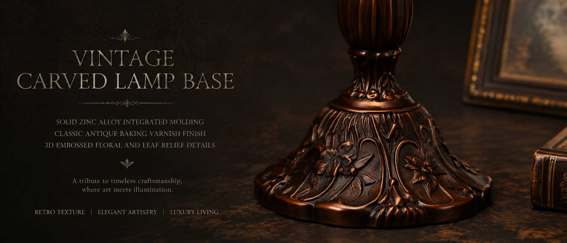Antique bronze lamp base featuring embossed floral patterns and detailed metal craftsmanship for vintage home decor