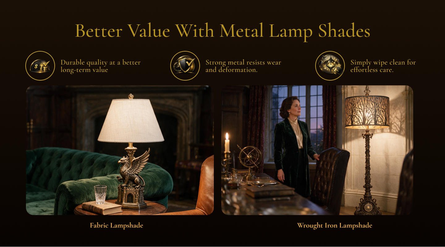 Antique bronze lamp shade featuring strong metal construction, long-lasting durability, and easy maintenance.