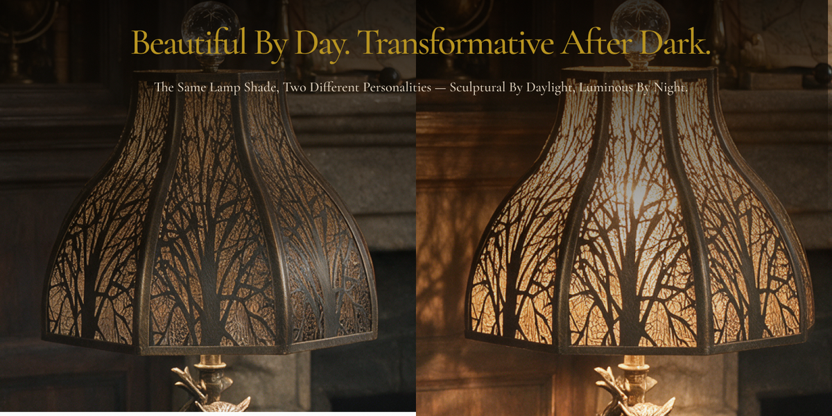 Antique bronze lotus lamp shade shown off and illuminated, revealing its warm gold interior and decorative forest cutout glow.