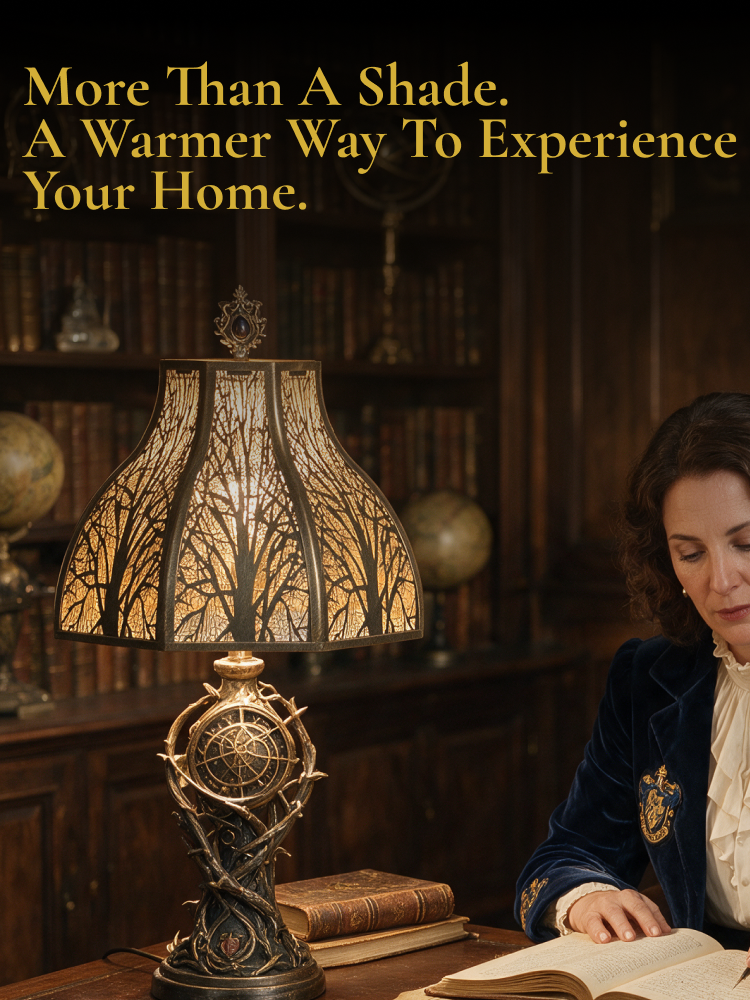 Antique bronze lotus lamp shade on a decorative table lamp in a vintage study, creating a warm ambient glow.