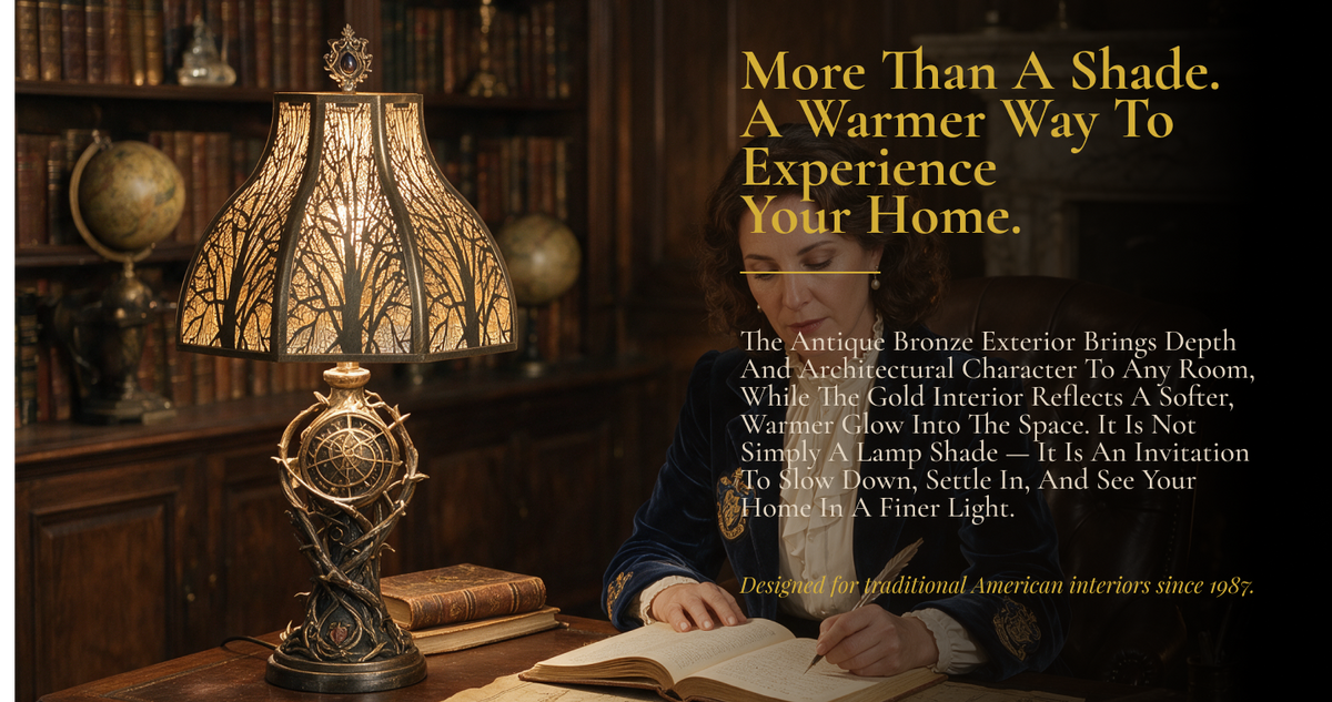 Antique bronze lotus lamp shade on a decorative table lamp in an elegant vintage study, creating a warm ambient glow.
