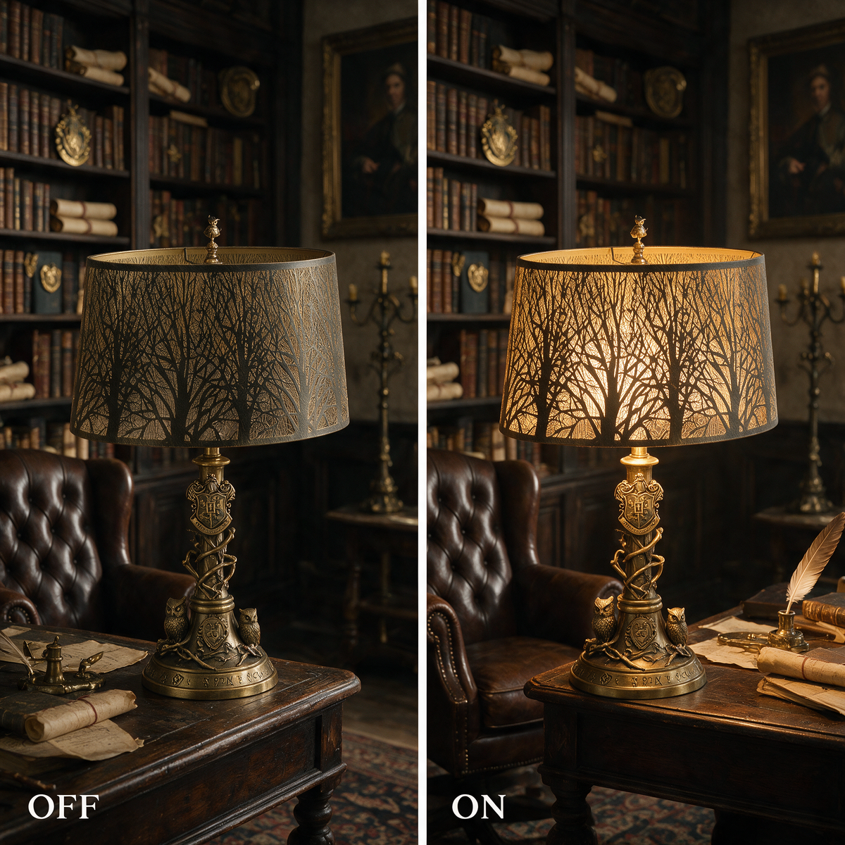 Antique bronze oval metal lamp shade with gold botanical etching - off and on comparison, casting soft warm ambient glow