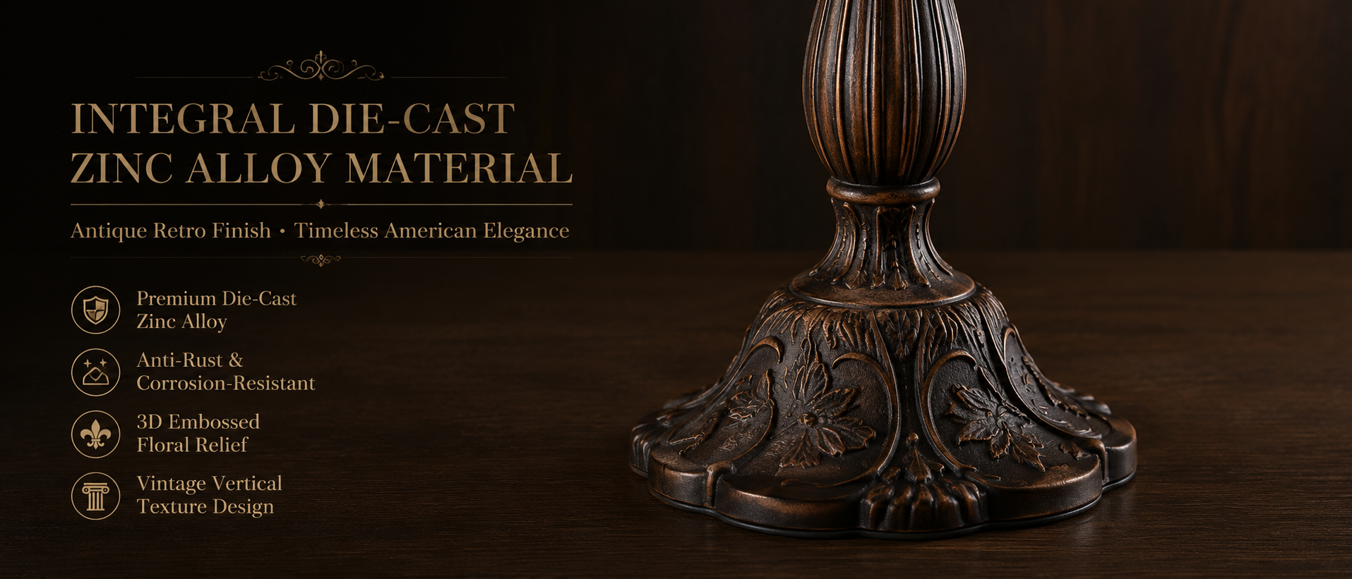 Antique bronze Tiffany table lamp base with carved floral relief design and durable zinc alloy construction