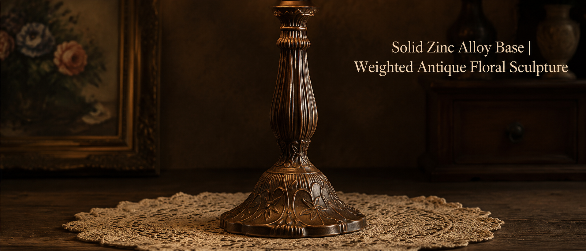 Antique bronze zinc alloy base with carved floral details designed for a classic vintage table lamp