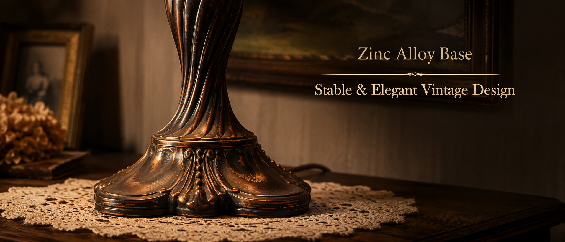 Antique bronze zinc alloy lamp base with sculpted vintage craftsmanship and classic decorative finishing