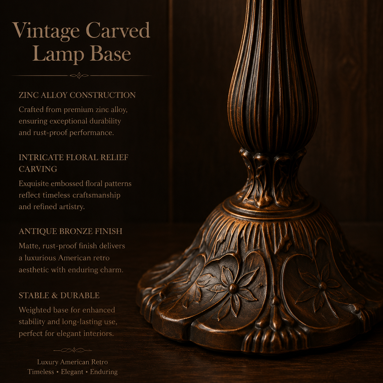 Antique bronze zinc alloy base detail of Wisteria Tiffany table lamp with carved floral vintage design
