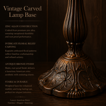 Antique bronze zinc alloy base detail of Wisteria Tiffany table lamp with carved floral vintage design