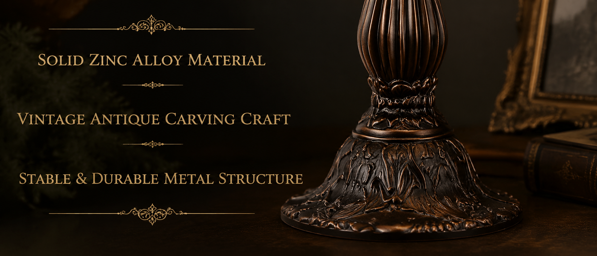 Antique carved zinc alloy lamp base with dark bronze finish and decorative floral detailing for a vintage stained glass table lamp