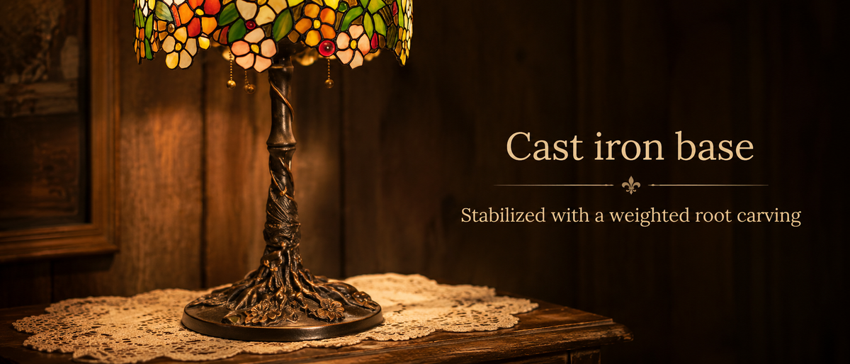 Antique cast iron base of Floral Tiffany lamp showcasing carved metal details and stable vintage table lamp construction