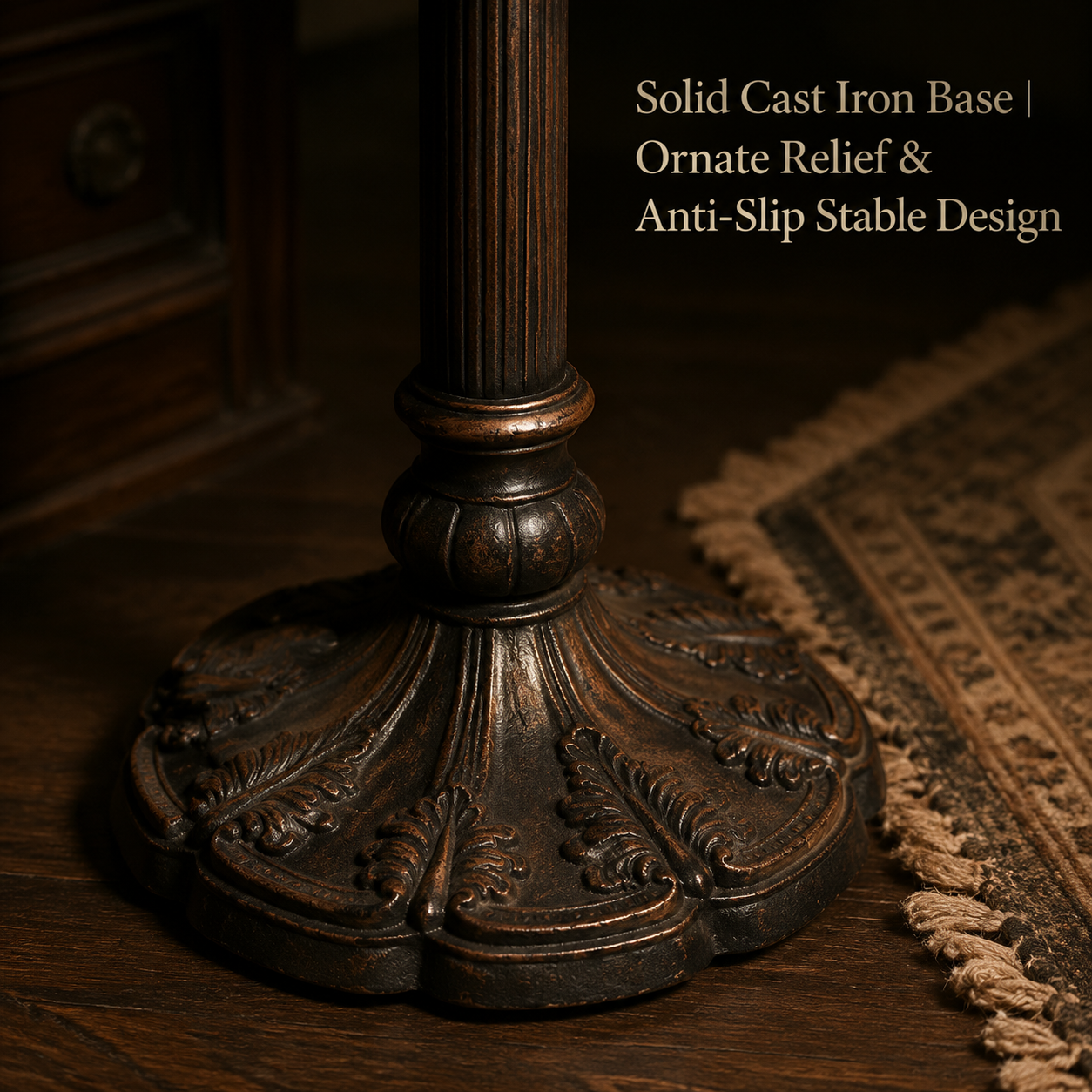 Antique cast iron base detail of Tiffany floor lamp with ornate relief design and stable vintage structure