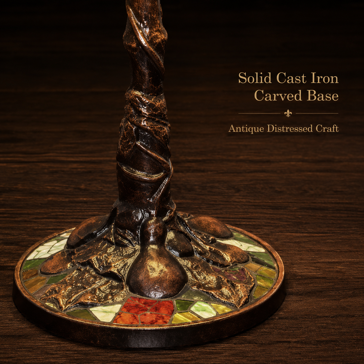 Detailed view of antique cast iron base on a vintage Tiffany table lamp with handcrafted metal craftsmanship