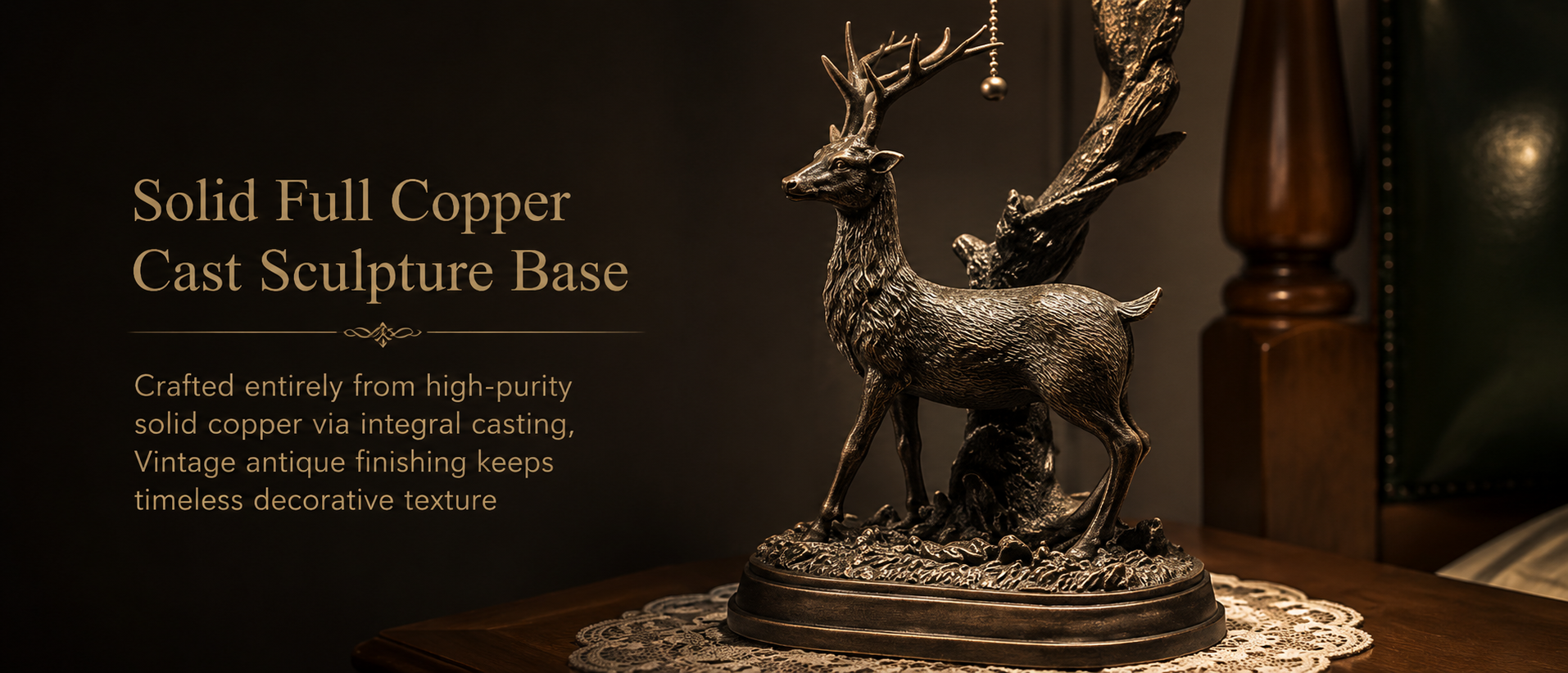 Antique deer copper sculpture lamp base with detailed handcrafted texture and vintage woodland design