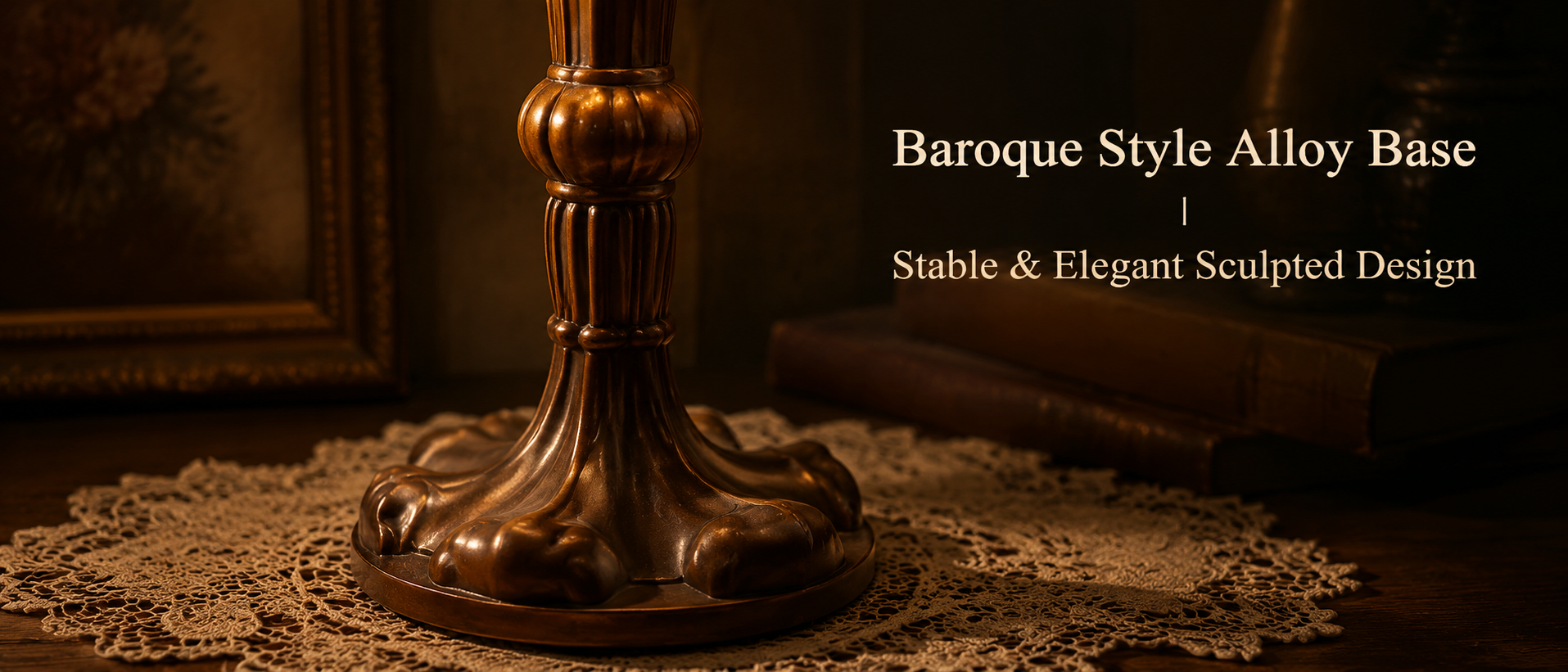 Sculpted antique finish metal base featuring elegant vintage detailing for a classic table lamp design