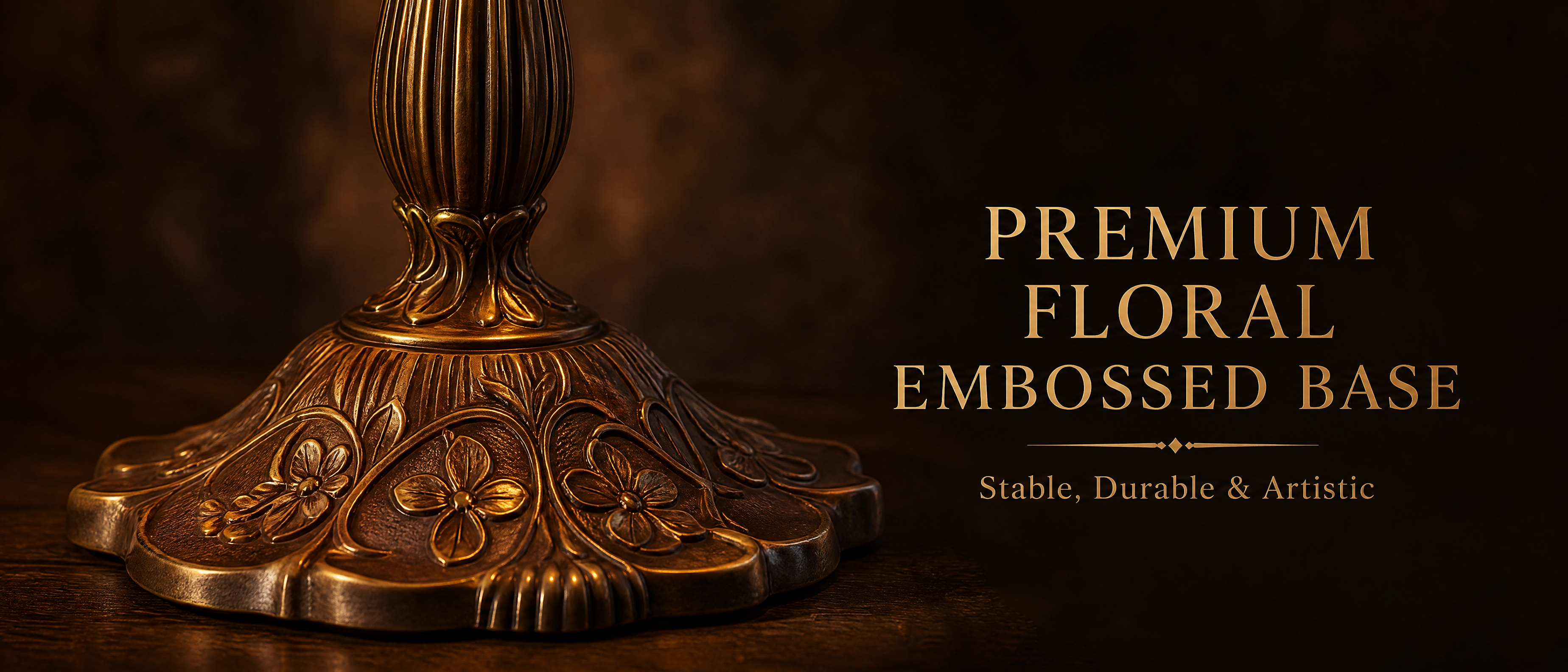 Antique floral metal lamp base with embossed details showcasing vintage craftsmanship and decorative quality