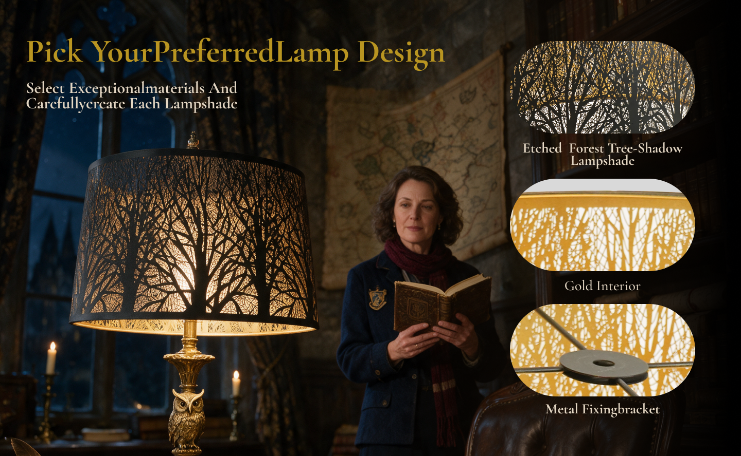 Detailed view of a forest metal lamp shade for antique lamps showing etched tree patterns, reflective gold interior, and metal frame structure.