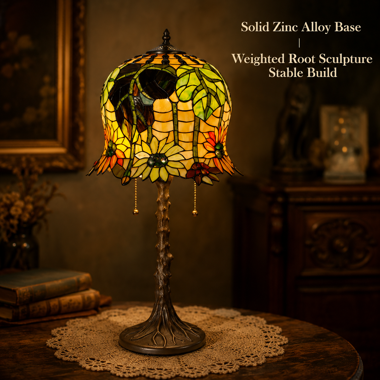 Vintage antique metal base of sunflower Tiffany table lamp with elegant carved details and classic decorative style