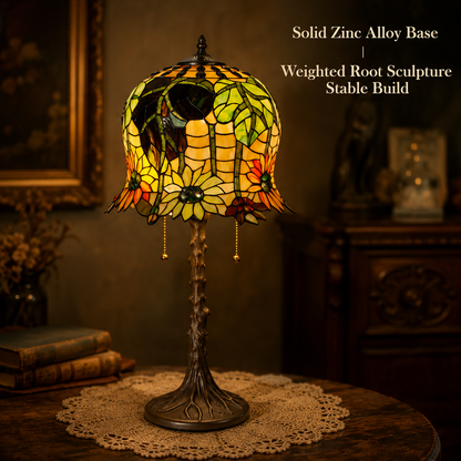 Vintage antique metal base of sunflower Tiffany table lamp with elegant carved details and classic decorative style