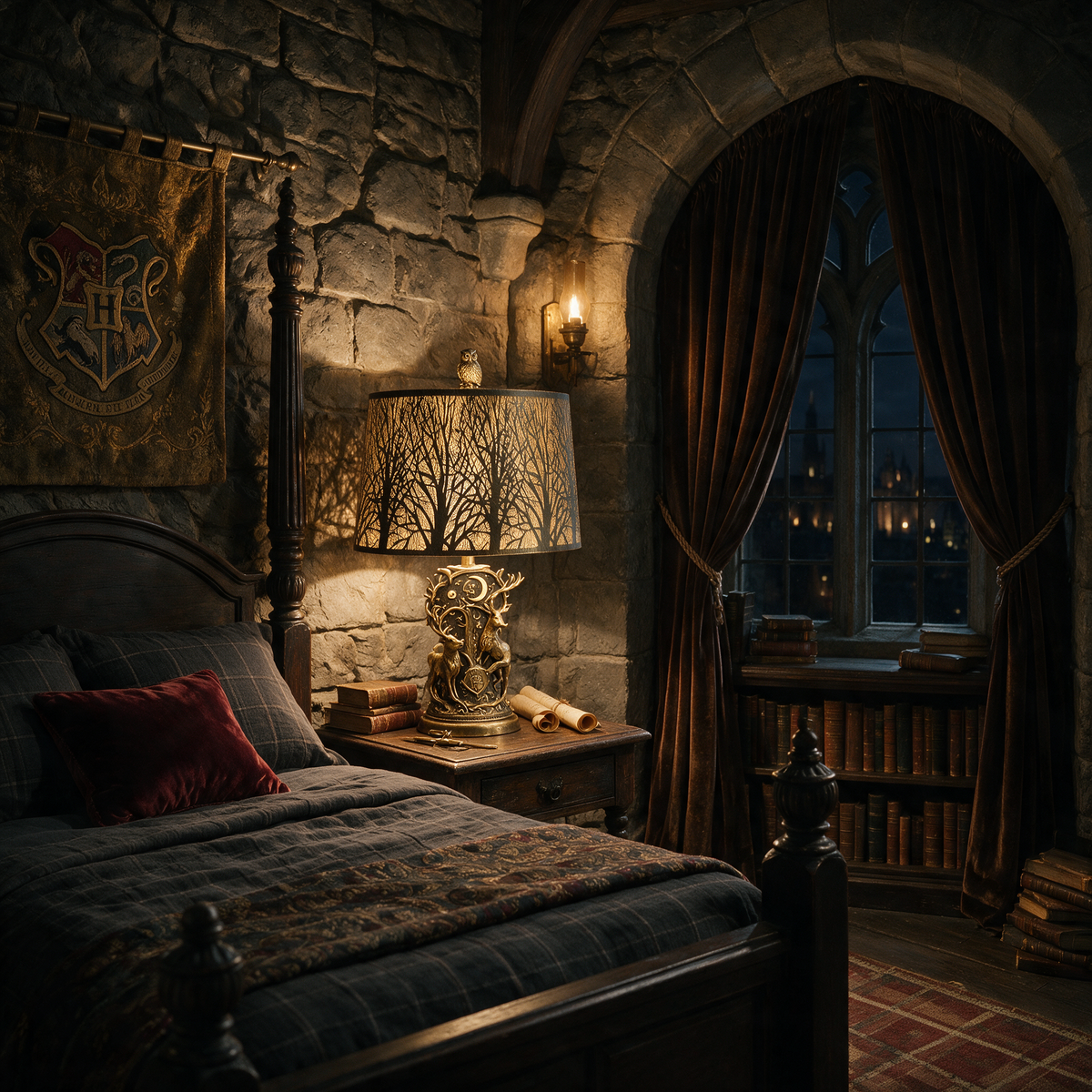 Antique bronze oval metal lamp shade on bedside table lamp, creating soft glow in gothic vintage bedroom at night