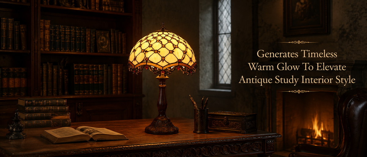 Vintage Tiffany desk lamp illuminating an antique study room with warm glow and elegant classic furniture