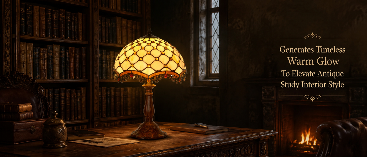 Antique Tiffany lamp displayed in a classic library interior with fireplace creating timeless warm home lighting