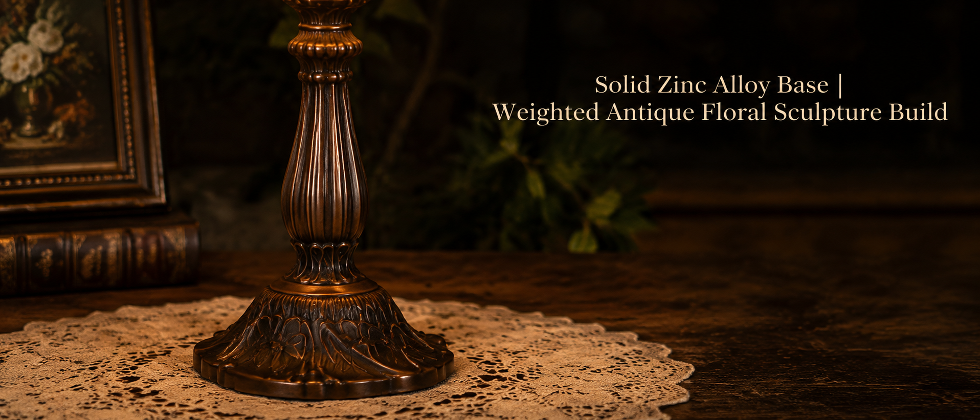 Antique zinc alloy base featuring floral sculpture details for a premium vintage table lamp design