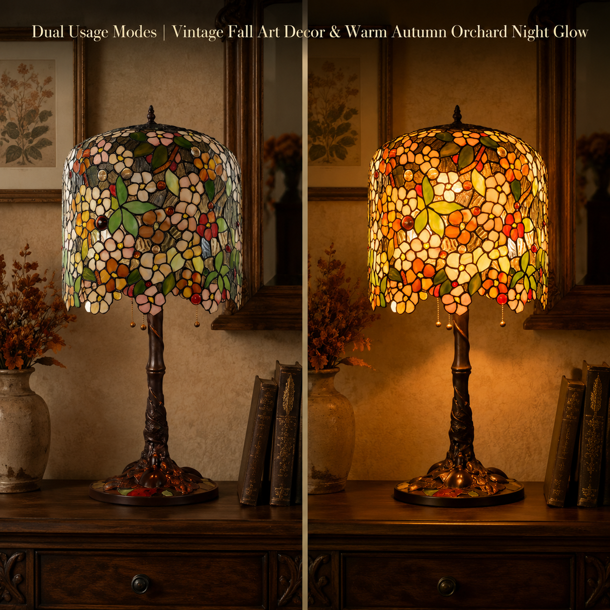 Apple Blossom Tiffany lamp illuminated with warm ambient light creating a cozy vintage atmosphere for bedroom nightstand decor