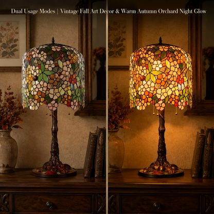 Apple Blossom Tiffany lamp illuminated with warm ambient light creating a cozy vintage atmosphere for bedroom nightstand decor