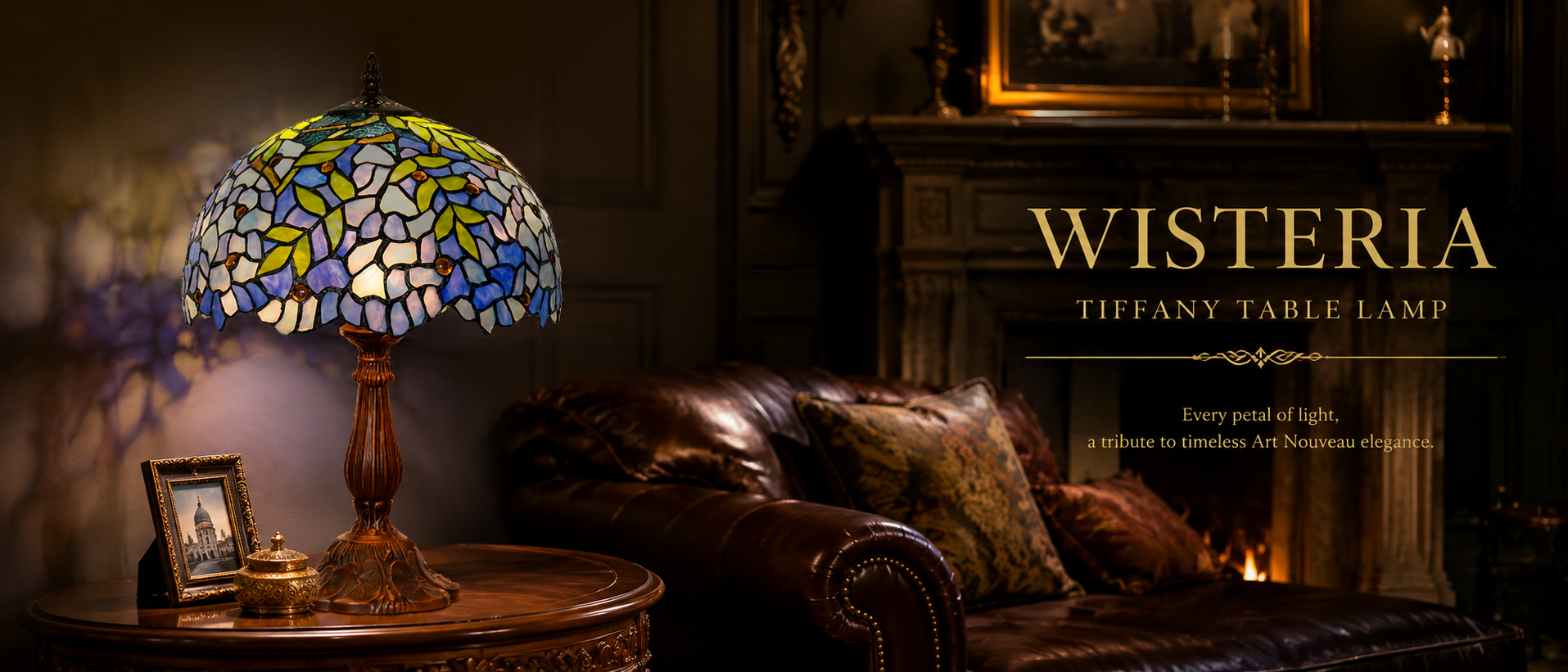 Art Nouveau Tiffany table lamp in a luxury living room with vintage furniture and elegant decorative lighting