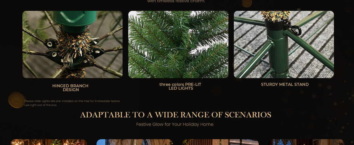 Close-up product details of a green artificial Christmas tree showing the hinged branch connections, realistic evergreen needles, pre-lit lighting components, and sturdy metal stand.