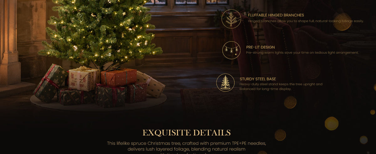 Artificial spruce Christmas tree featuring hinged branches, pre-installed LED lights, reinforced section joints, and a sturdy metal base for stable assembly.