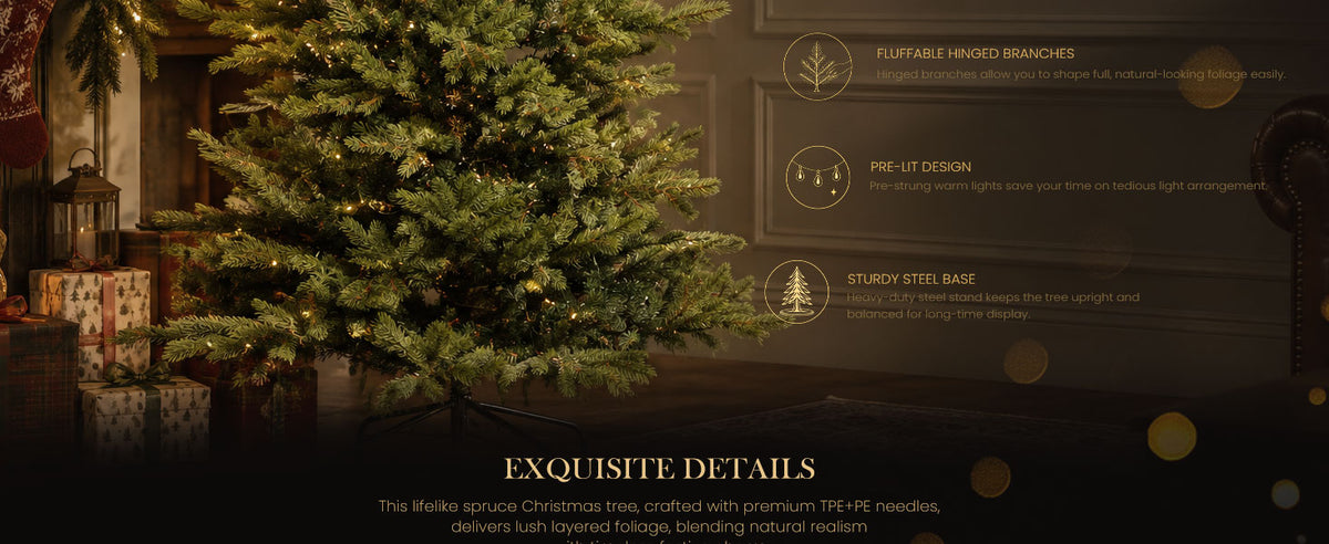 Green pre-lit artificial Christmas tree with realistic PE and TPE foliage, hinged branches, warm LED lights, and a sturdy steel stand.