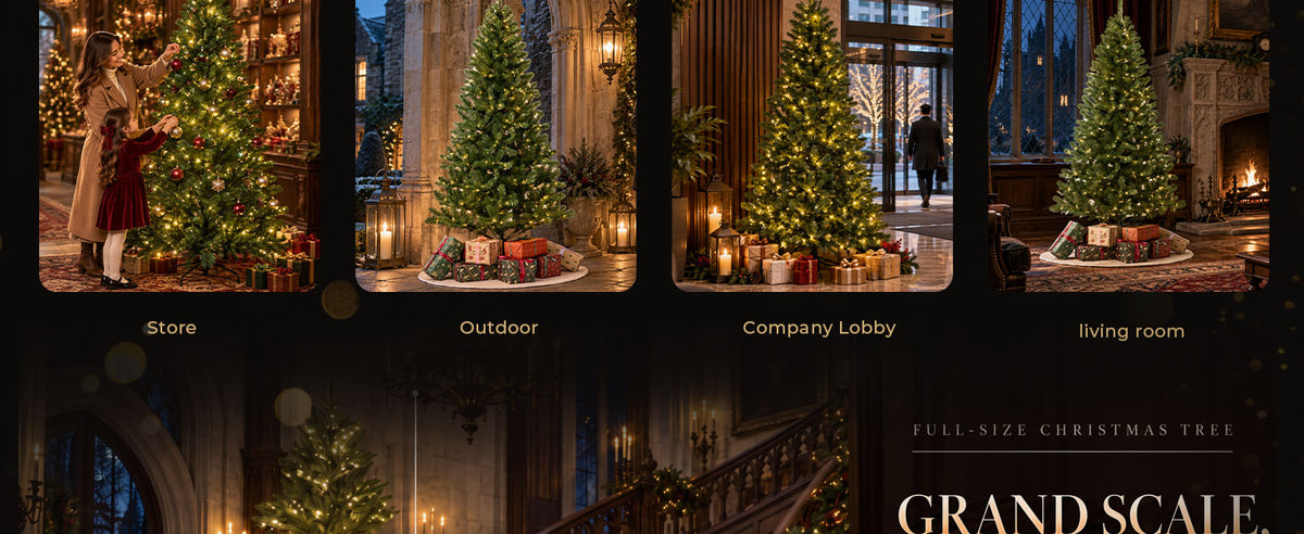 Warmly illuminated green artificial Christmas tree displayed in four holiday settings, including a retail store, outdoor stone courtyard, company lobby, and traditional living room.