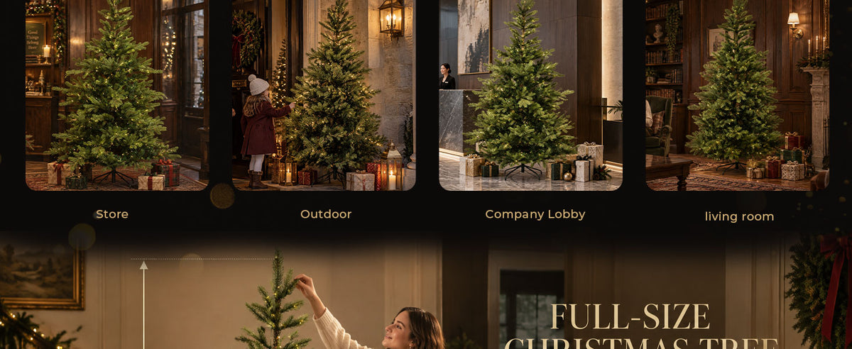Green artificial Christmas tree with festive LED lights displayed in a retail store, outdoor entrance, company lobby, and traditional living room.