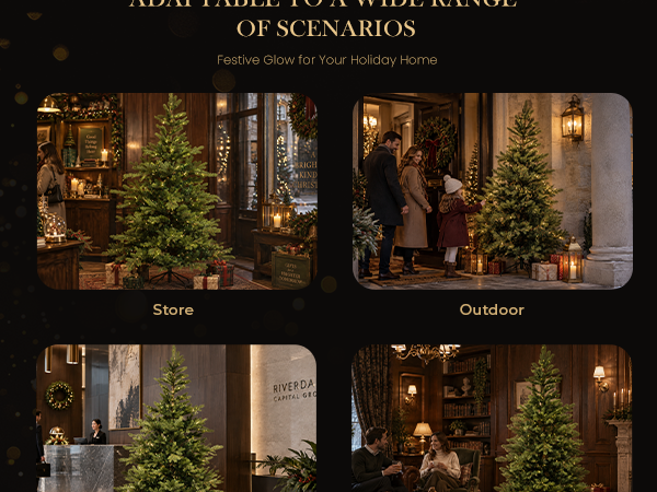 Green artificial Christmas tree with warm LED lights displayed in a retail store, outdoor entrance, company lobby, and traditional living room for seasonal holiday decorating.