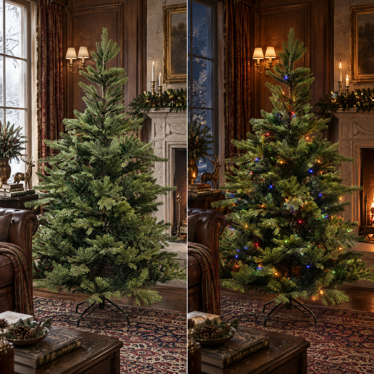 Side-by-side comparison of a green artificial Christmas tree with lights off and with multicolor LED lights on in a traditional living room.