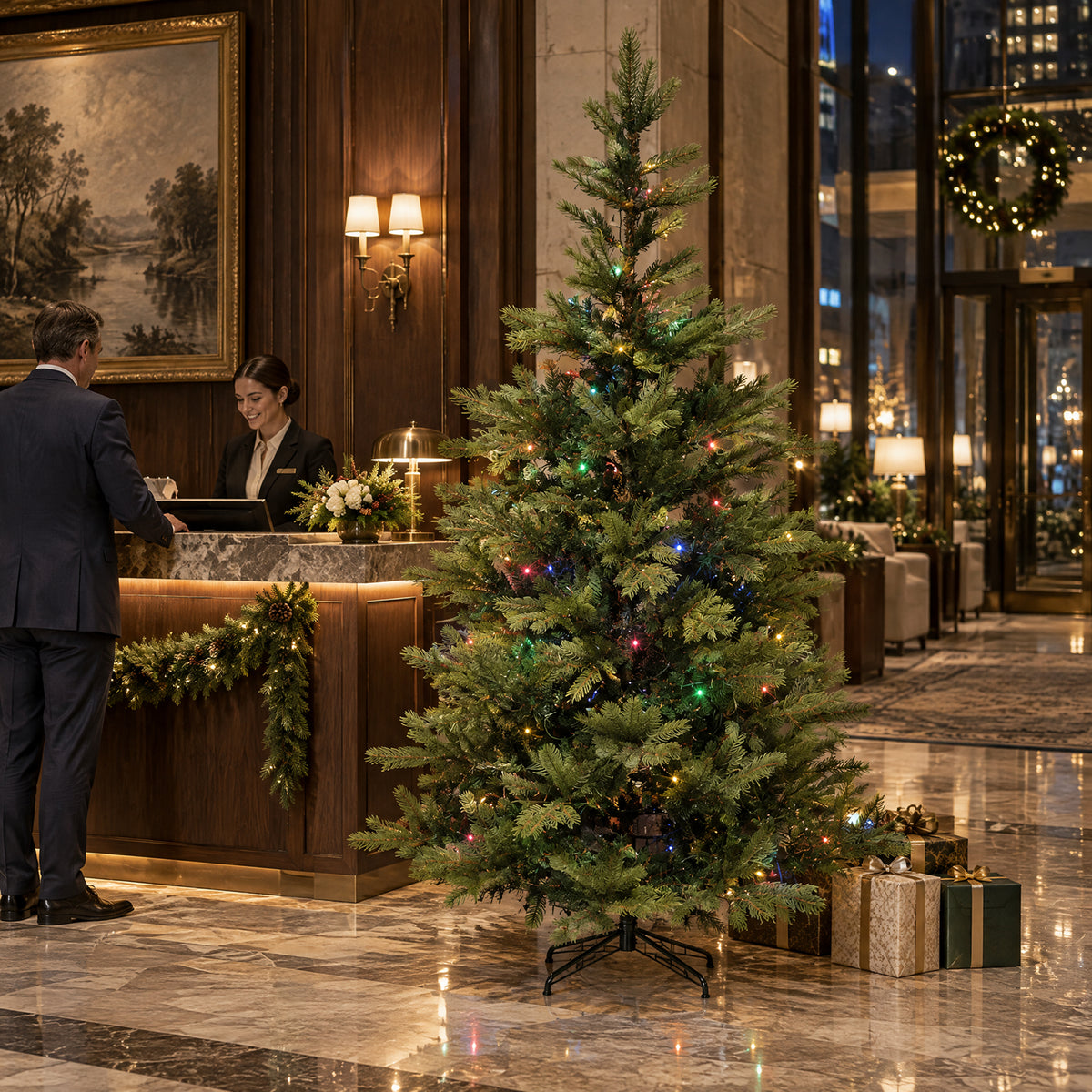 Green artificial Christmas tree decorated with multicolor LED lights and holiday gifts in an upscale hotel lobby, showcasing festive decor for commercial interiors.