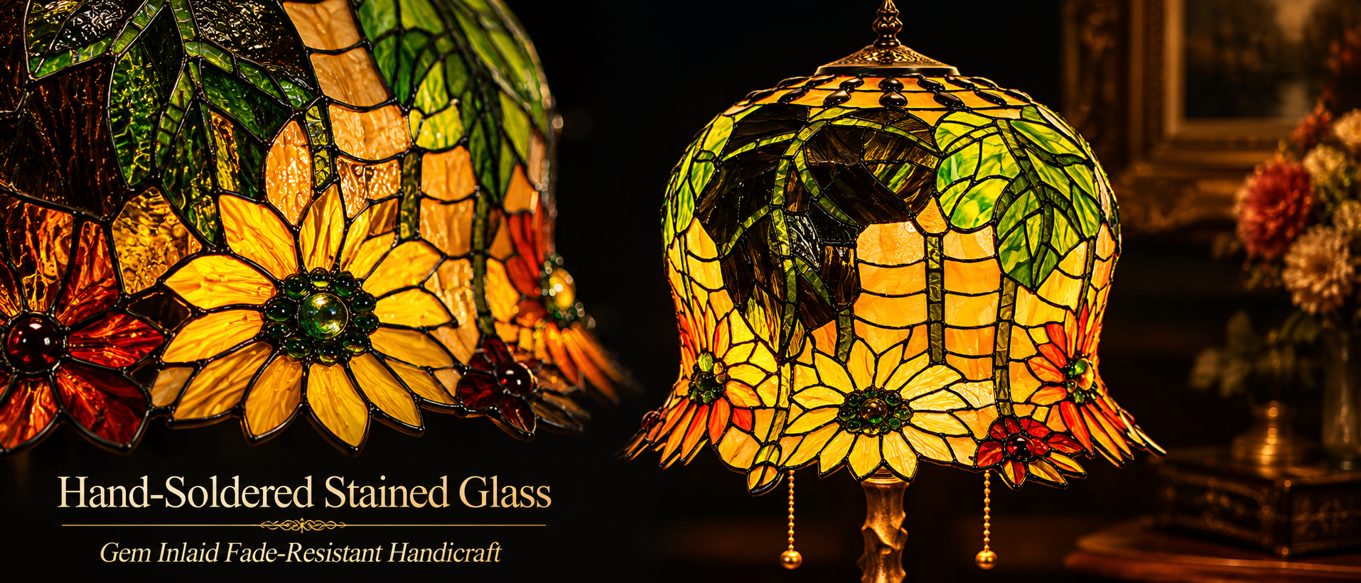 Handcrafted stained glass flower lamp shade featuring sunflower patterns, colorful glass pieces and artisan soldered details