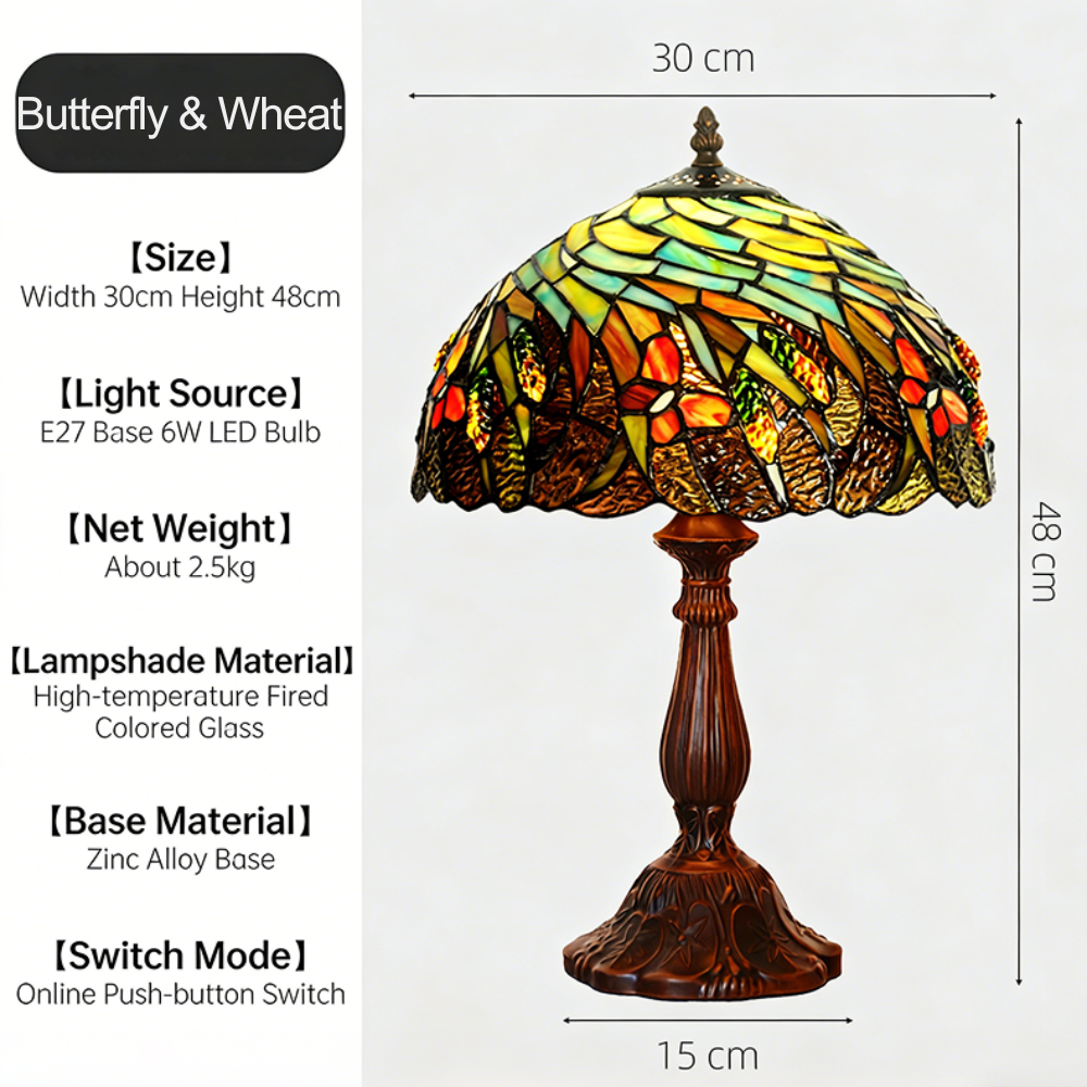 Autumn Harvest Tiffany table lamp featuring warm stained glass design with wheat and butterfly details in rustic farmhouse style