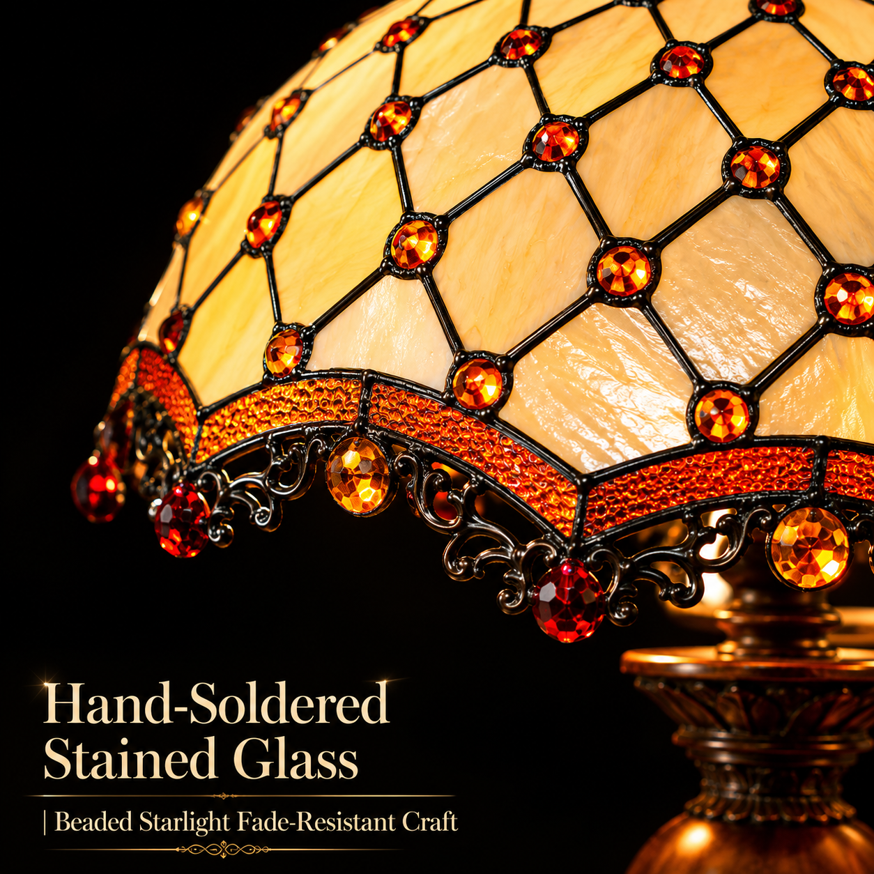 Close up detail of beaded stained glass Tiffany lamp shade with amber jewels and handcrafted decorative patterns
