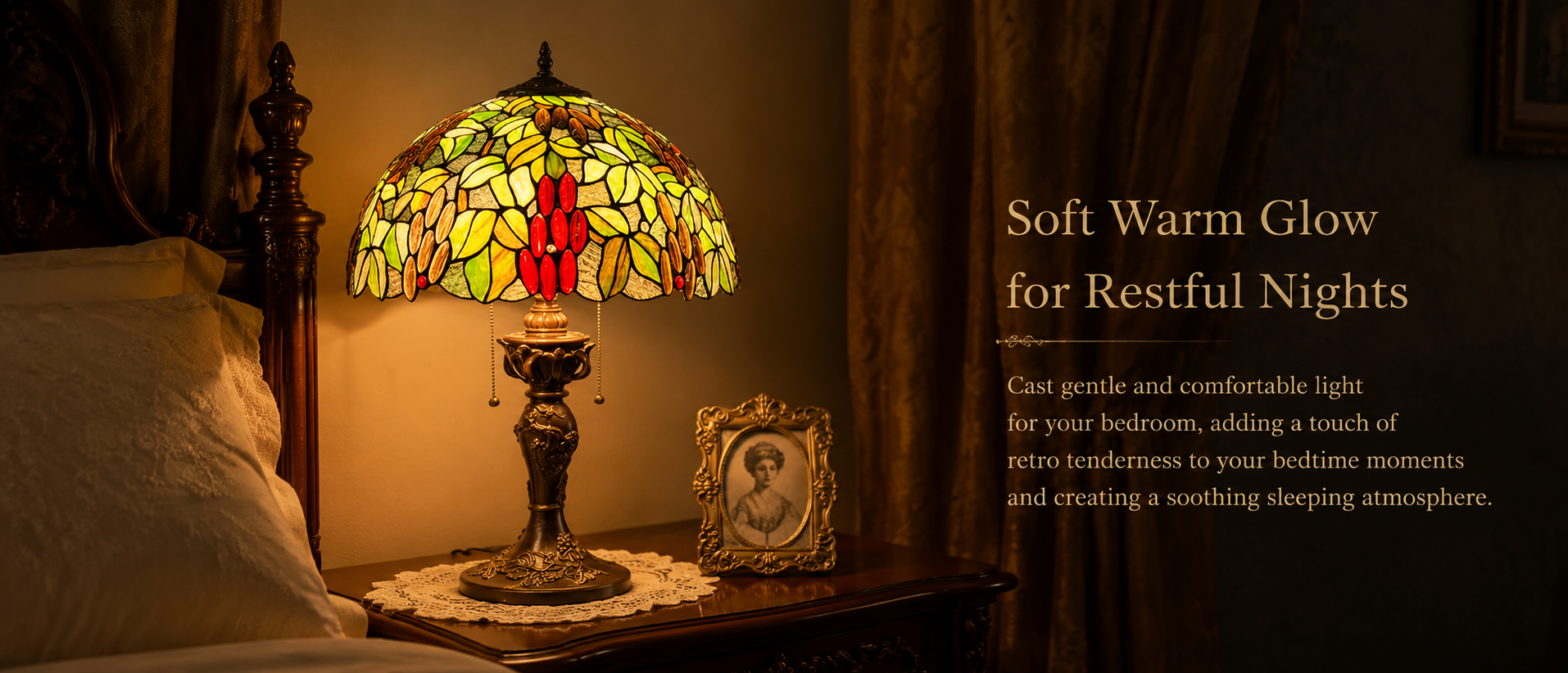 Vintage stained glass bedside lamp providing soft warm lighting for a cozy classic bedroom atmosphere