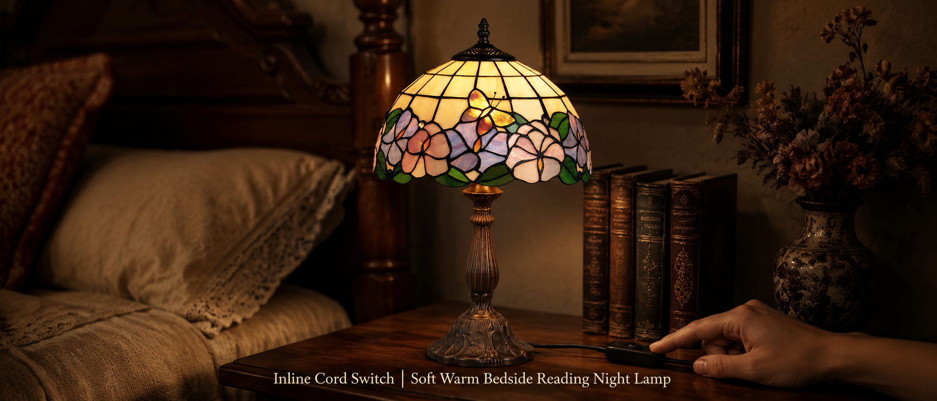 Tiffany style bedside reading light with soft warm illumination for relaxing nighttime bedroom use