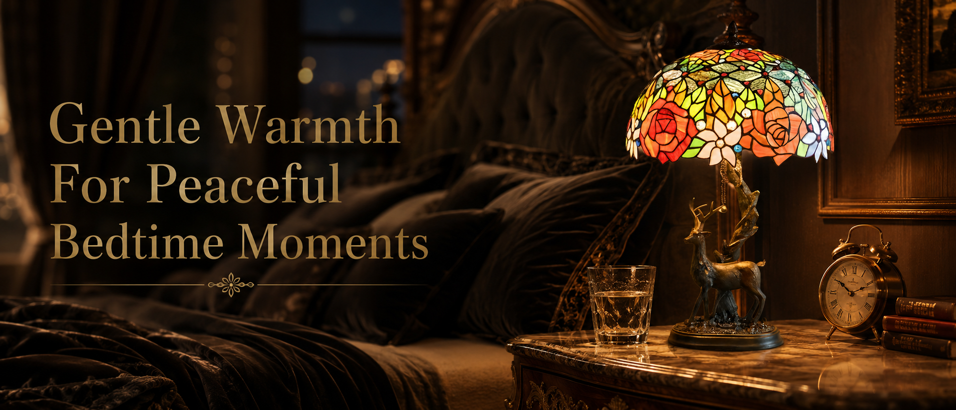 Bedside Tiffany table lamp with floral stained glass shade creating a cozy warm atmosphere for bedroom spaces