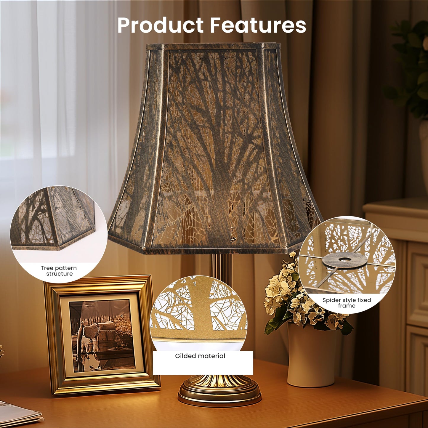 Square cut corner bell lamp shade creating warm ambient lighting through gold interior reflective surface