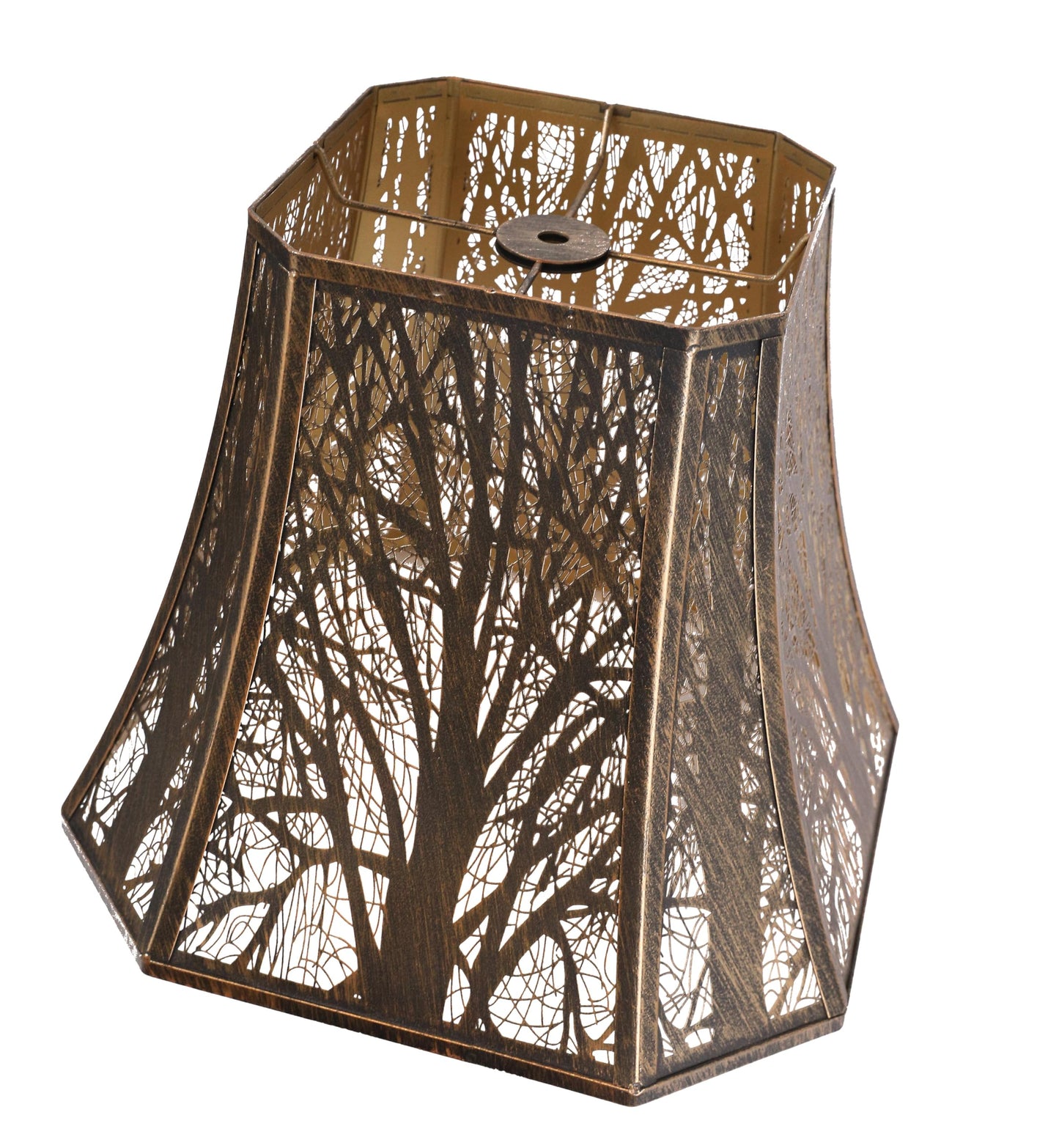 Side profile of square cut corner bell lamp shade featuring etched tree design and vintage metal construction