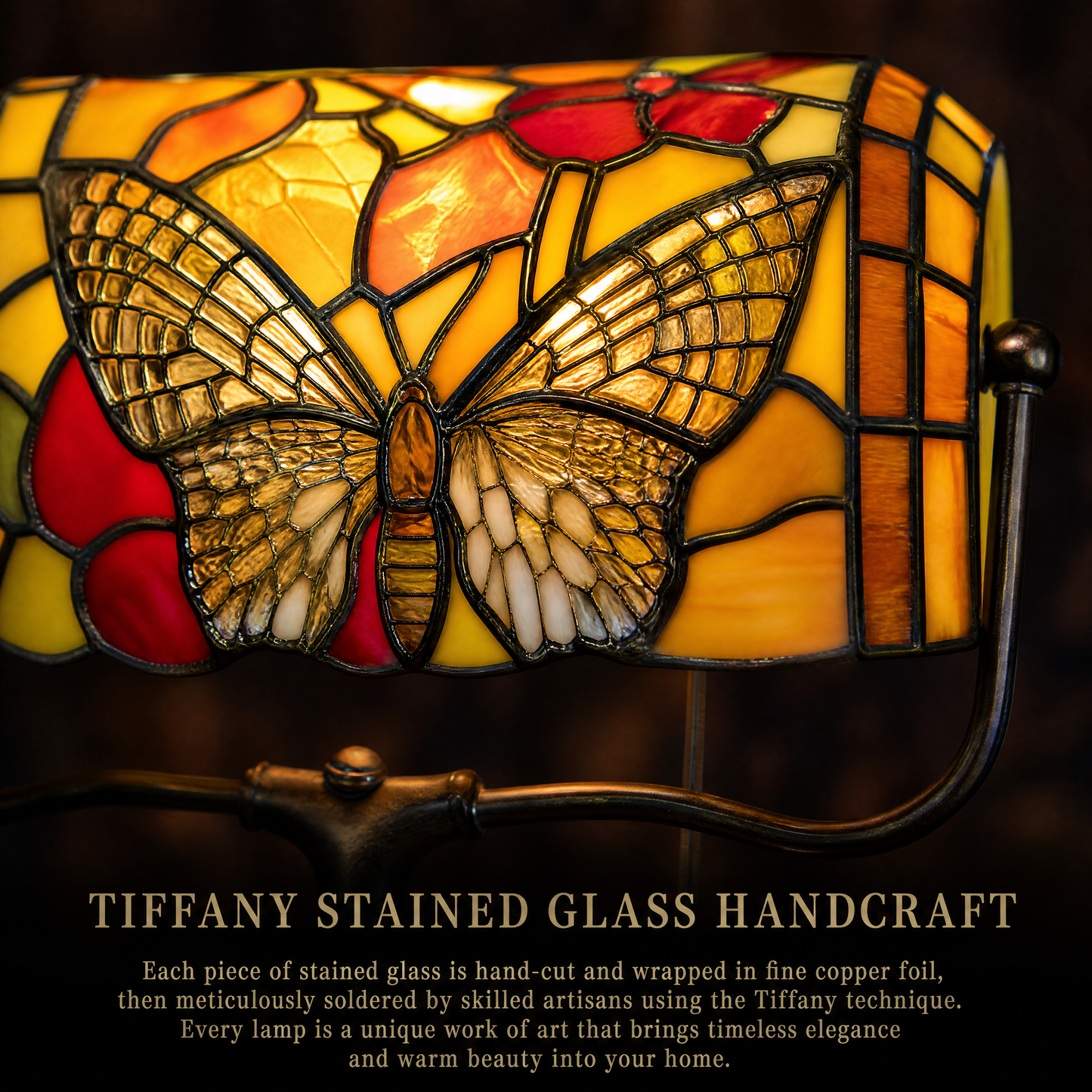 Close-up of Tiffany style butterfly banker lamp showing handcrafted stained glass butterfly and colorful floral pattern