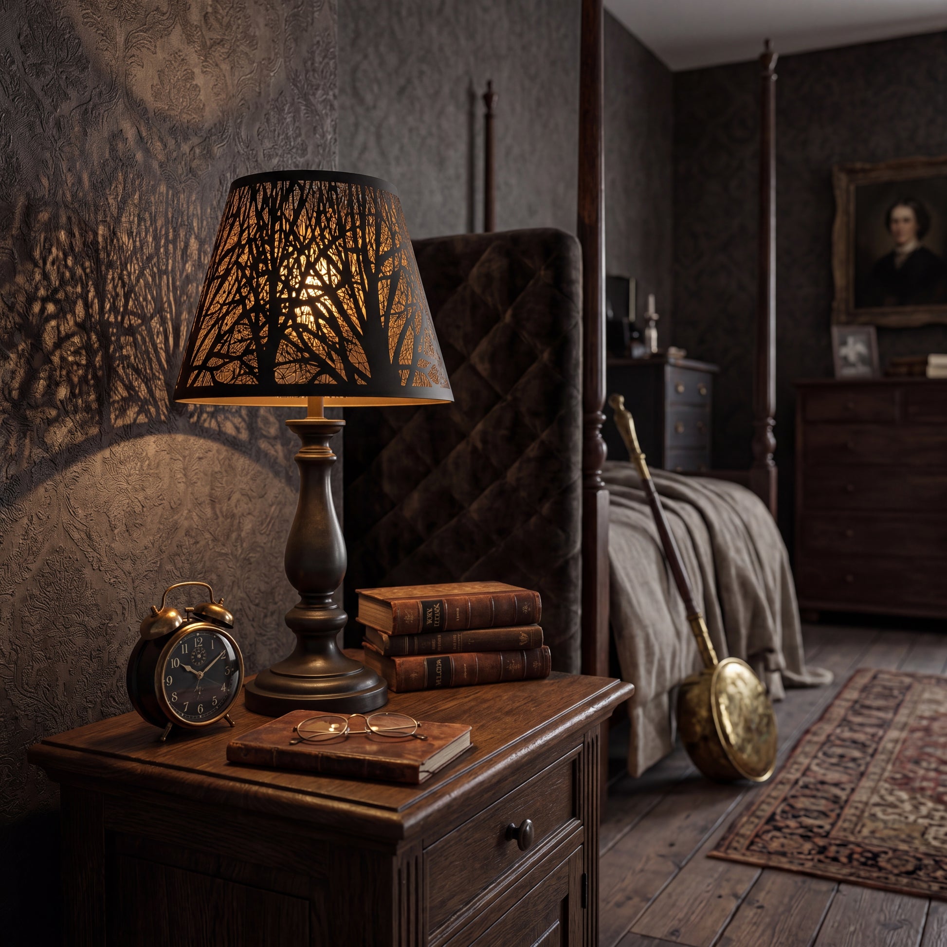 Small Metal Lamp Shade with Hand-Etched Forest Pattern - Black Exterior and Gold Interior on Vintage Black Table Lamp in Classic Bedroom Setting, Creates Warm Forest-Inspired Ambient Lighting and Tree Shadow Projection, 6" x 10" x 7.5" Spider Fitter Replacement for Bedside Lamps and Decorative Fixtures
