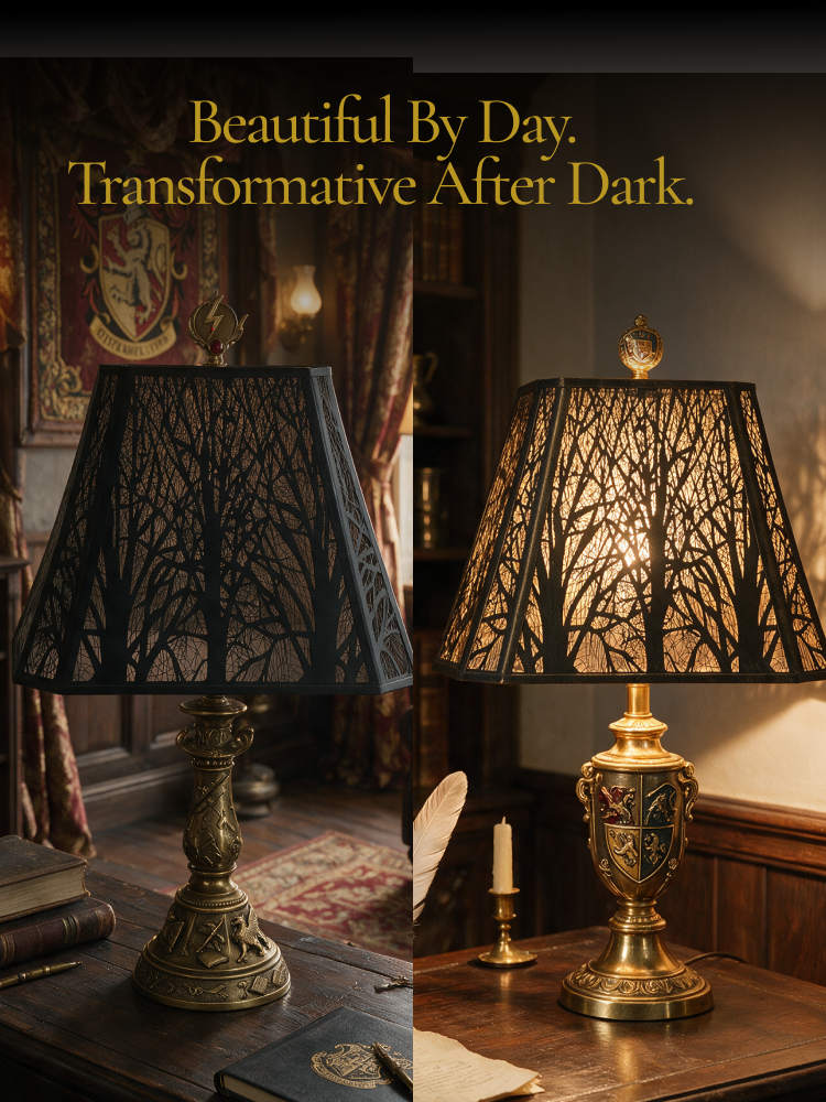 Black forest etched metal lamp shade shown off and illuminated, revealing a warm glow from its gold interior.
